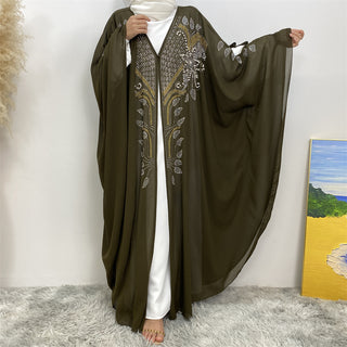 6743#Luxury New Rhinestone Chiffon Abaya Bead With Pearls Batwing Sleeves Classy Cardigan