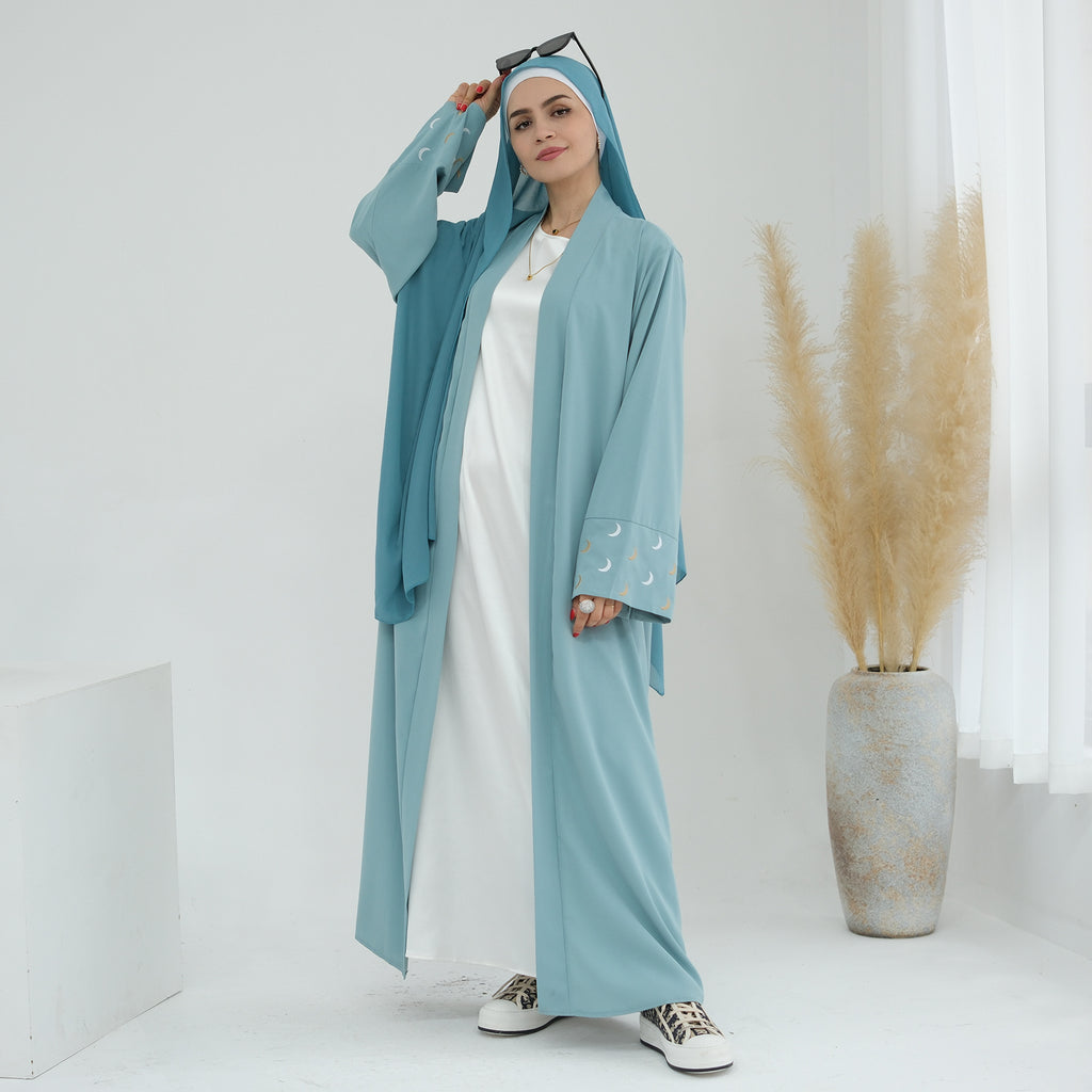 1785#New Arrival Cardigan Muslim Women's Dresses Moon Embroidery EID Linen Abaya