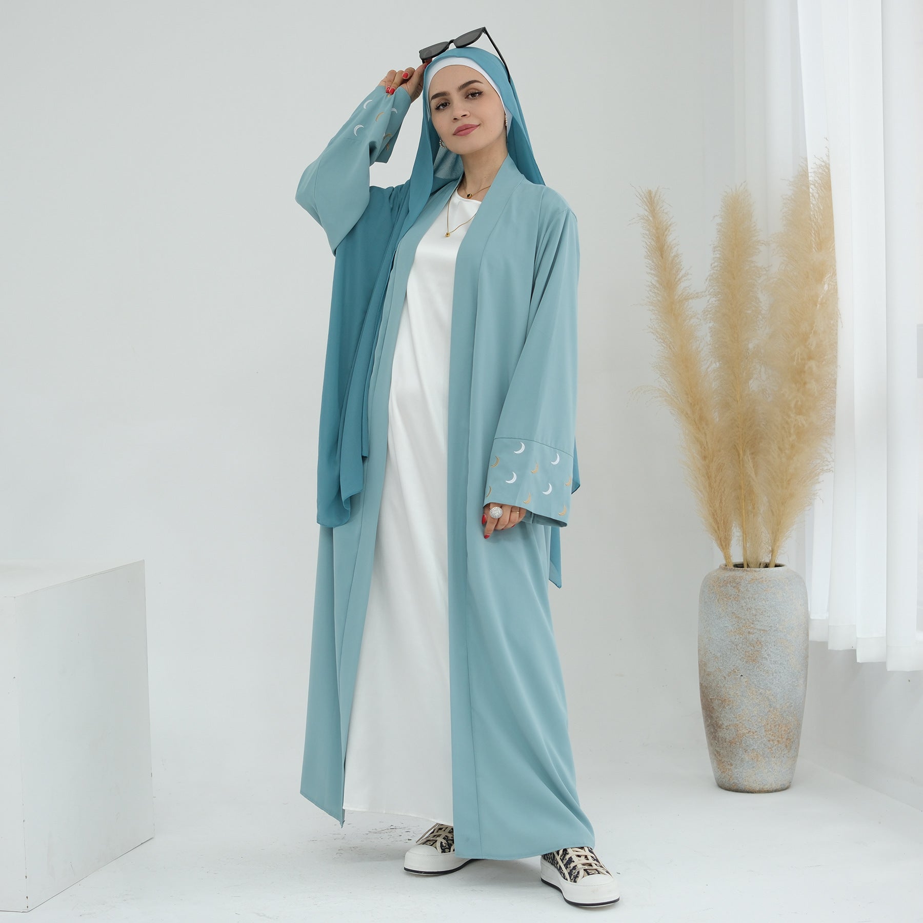 1785#New Arrival Cardigan Muslim Women's Dresses Moon Embroidery EID Linen Abaya