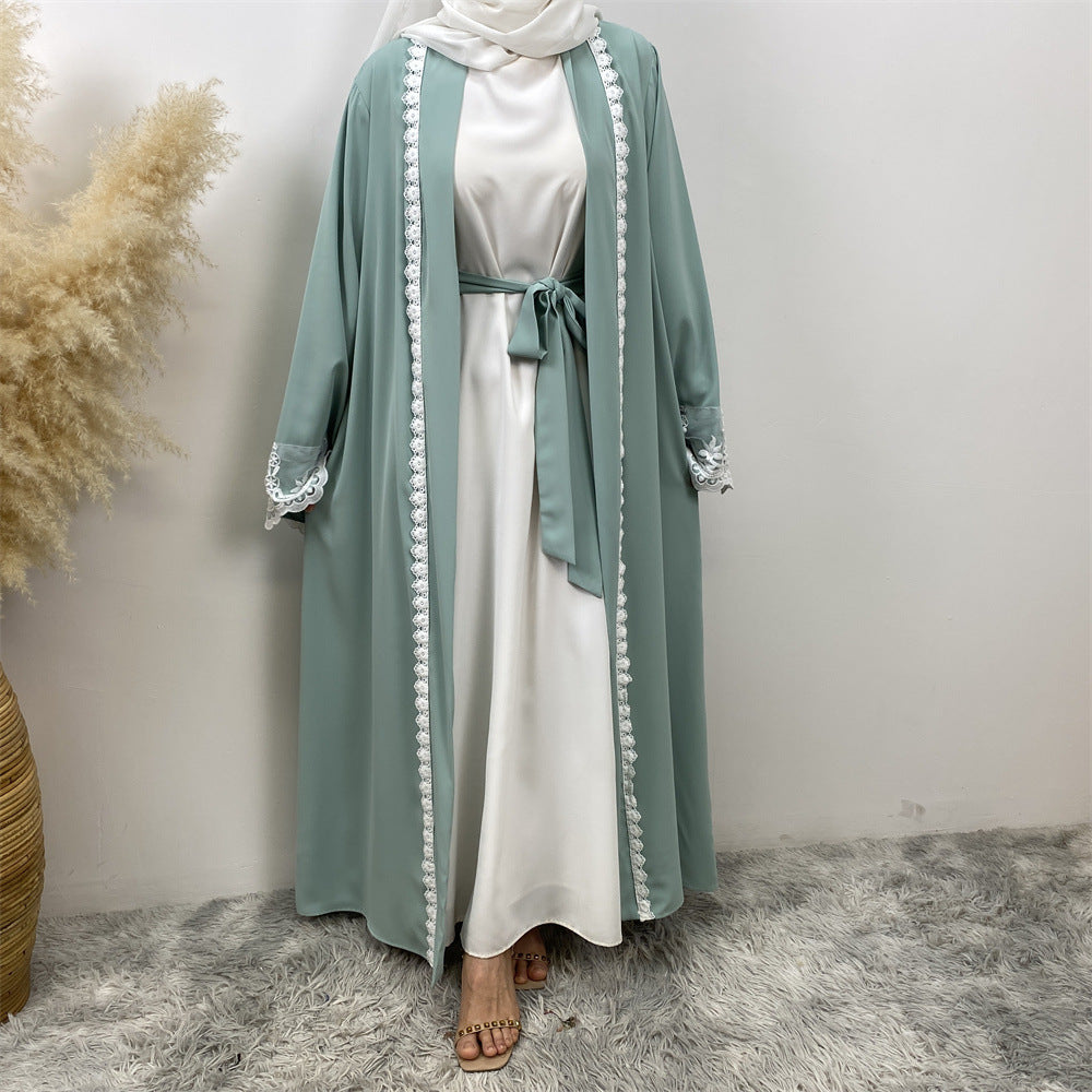 1405#Latest Eid Nida Material Flower Lace Border Classy Embroidery Women Open Abaya