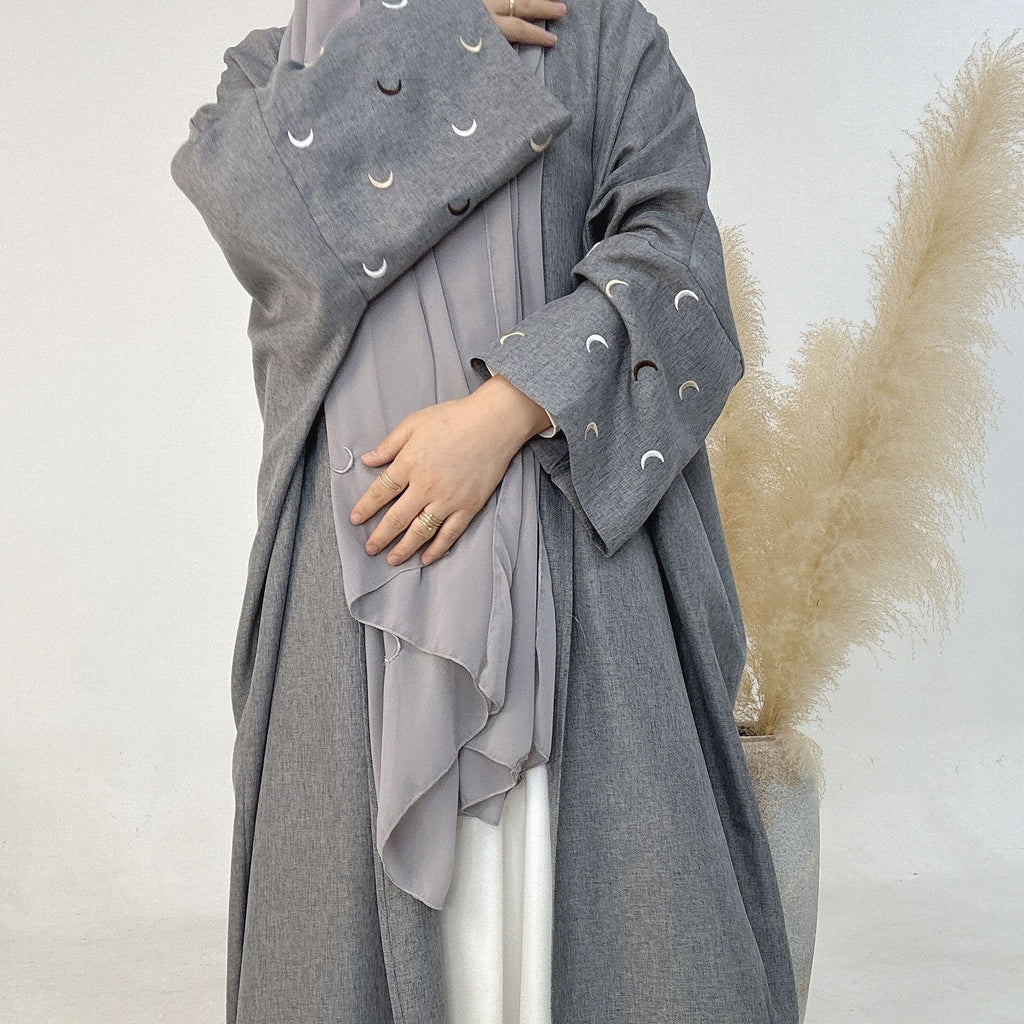 1664#New Arrival EID Linen Islamic Clothing Musulmane Moon Embroidery Women Kimono Cardigan Abaya