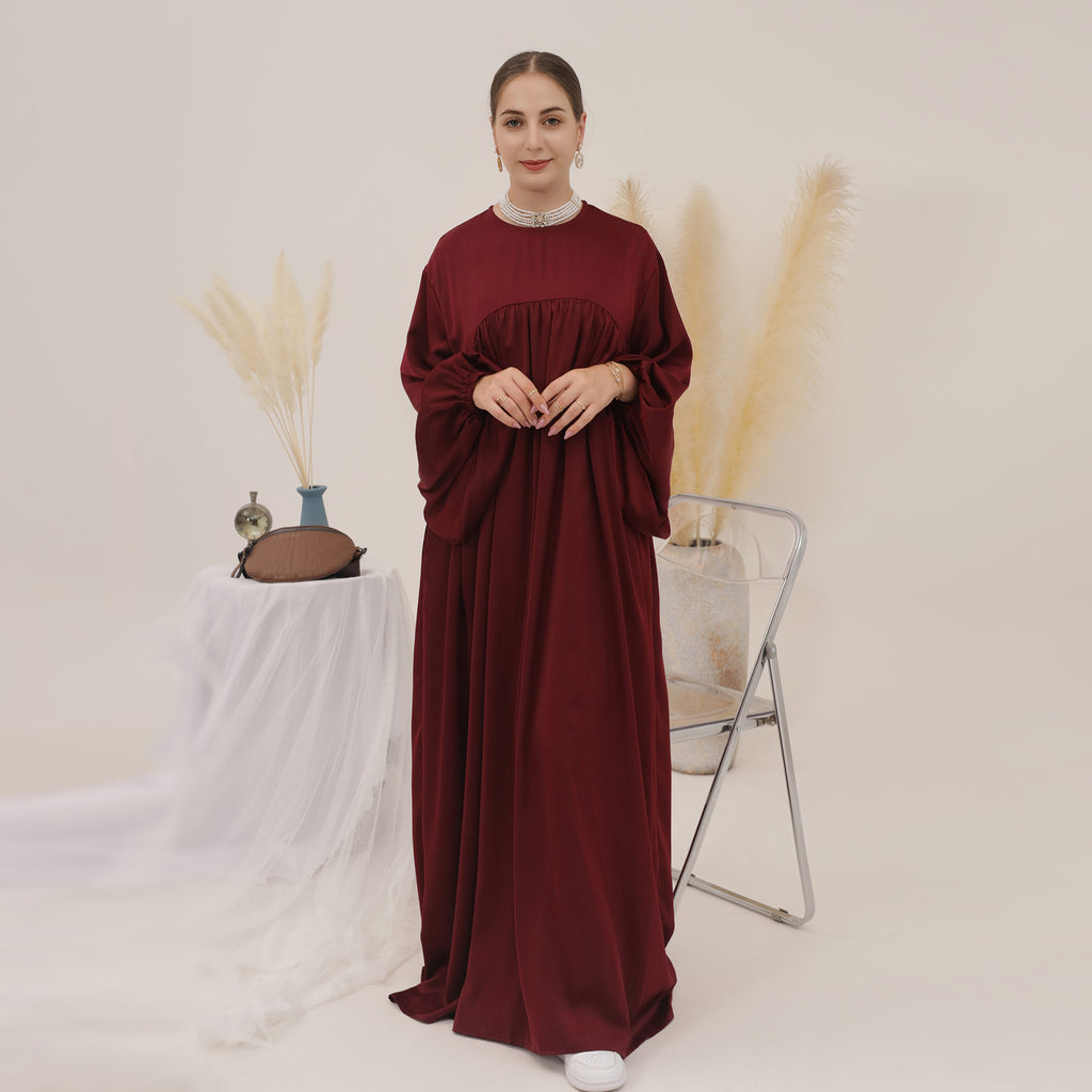 1592#High Quality Muslim Dress Puff Sleeve Soft Satin Plain Abaya