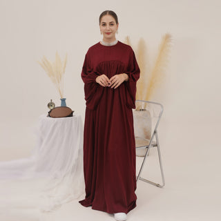 1592#High Quality Muslim Dress Puff Sleeve Soft Satin Plain Abaya