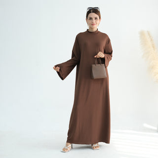 1905#High Neck Simple Daily Wear Plain Modest Abaya Women Muslim Dress Long Sleeve Slip Dress