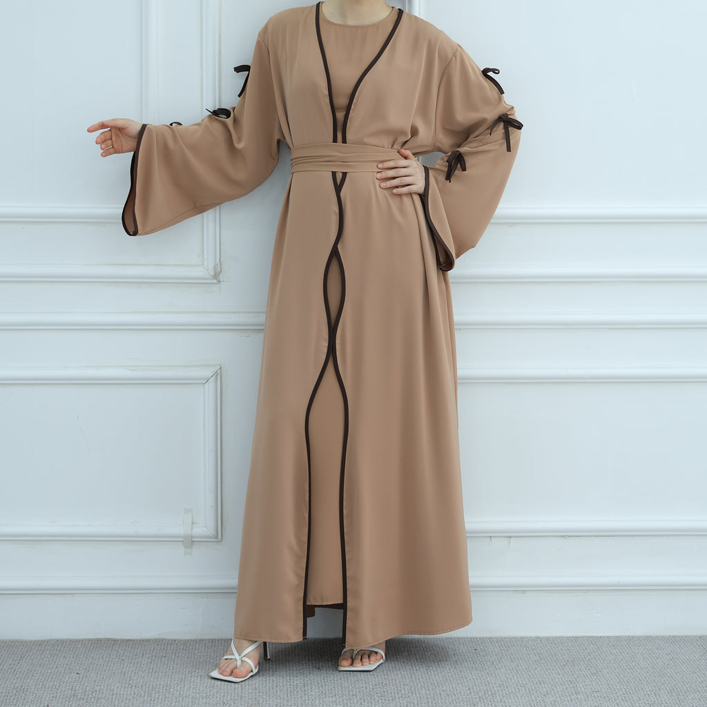 1962#Abaya Cardigan for Women Dubai Islamic Clothing with Nida Wave Bowknot Open Design for Summer Abaya