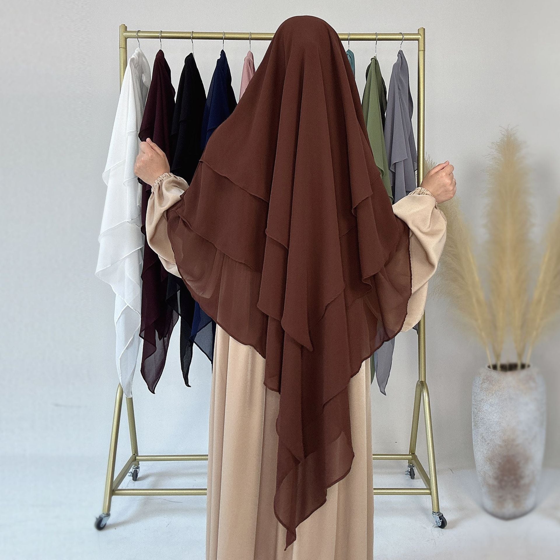 1909#Three Layered Flowy Women Muslim Long Hijab Top Jilbab_ Chiffon Khimar