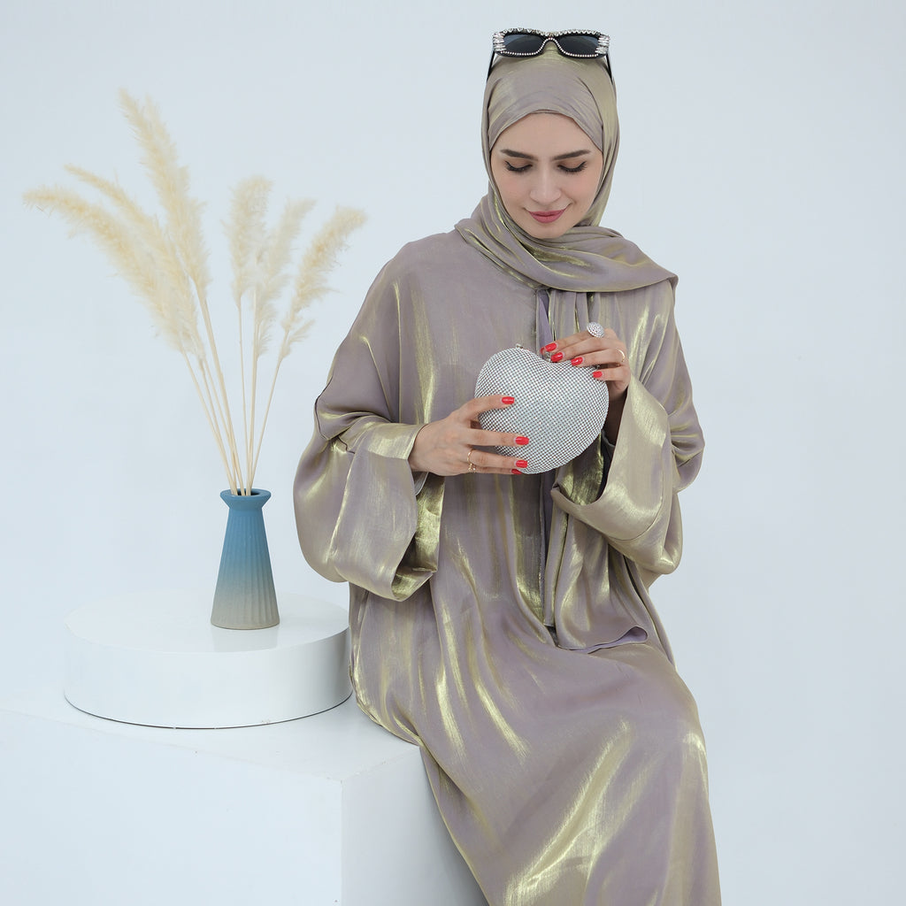 1789# 2024 New Shinny Polyester One Piece Hoodie Abaya Dubai Modest Dress with Attached Hijab