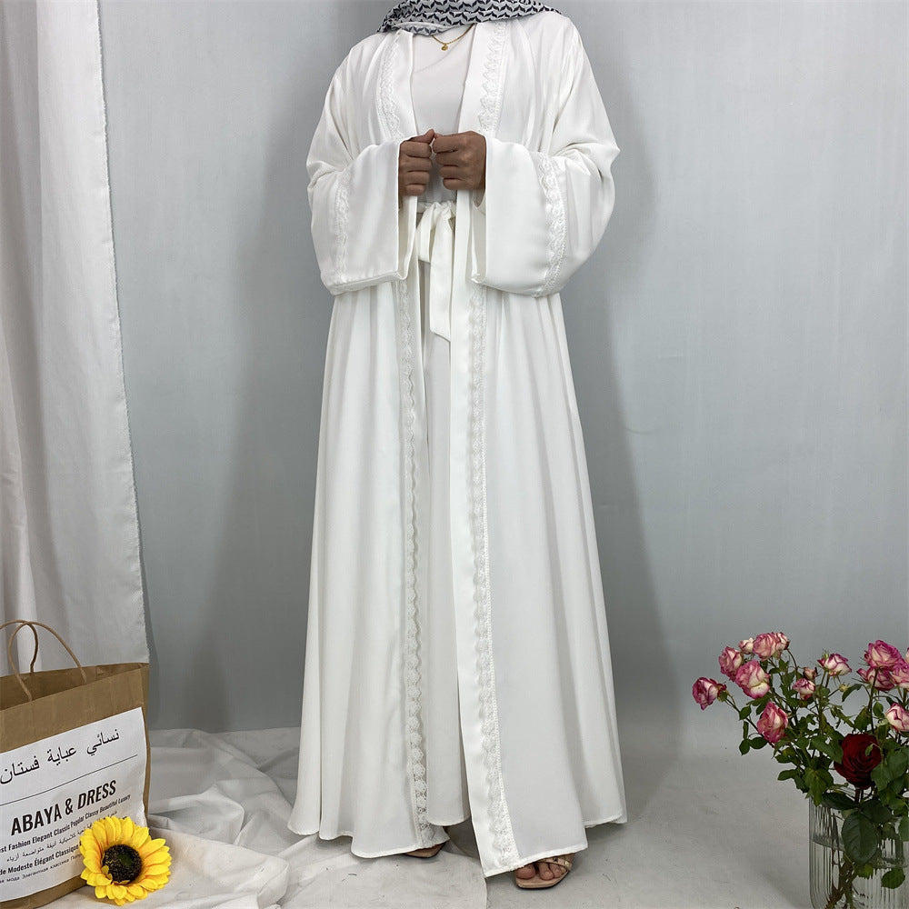 1461#New Arrival Elegant Nida Open Abaya with Matching Floral Lace and Pockets