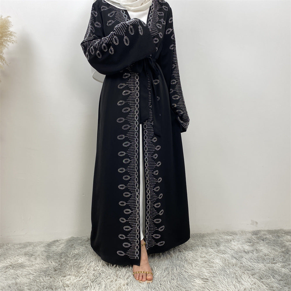1424#Modest Coats for Muslim Women Nida Open Abaya With Sequins Black Long Coat With Side Pockets