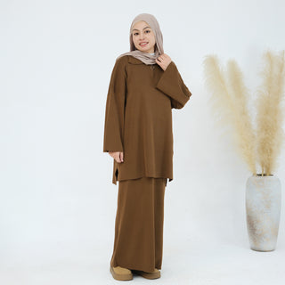 1929#Half Zipper Drop Shoulder Sweater Knit Muslim Women Two Pieces Set Oversized Tops Casual Fall Skirt Abaya Set