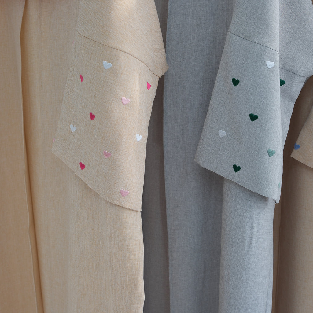 1712# Linen Abaya Islamic Clothing Women Kimono Cardigan EID Ramadan Embroidery Hearts Abaya