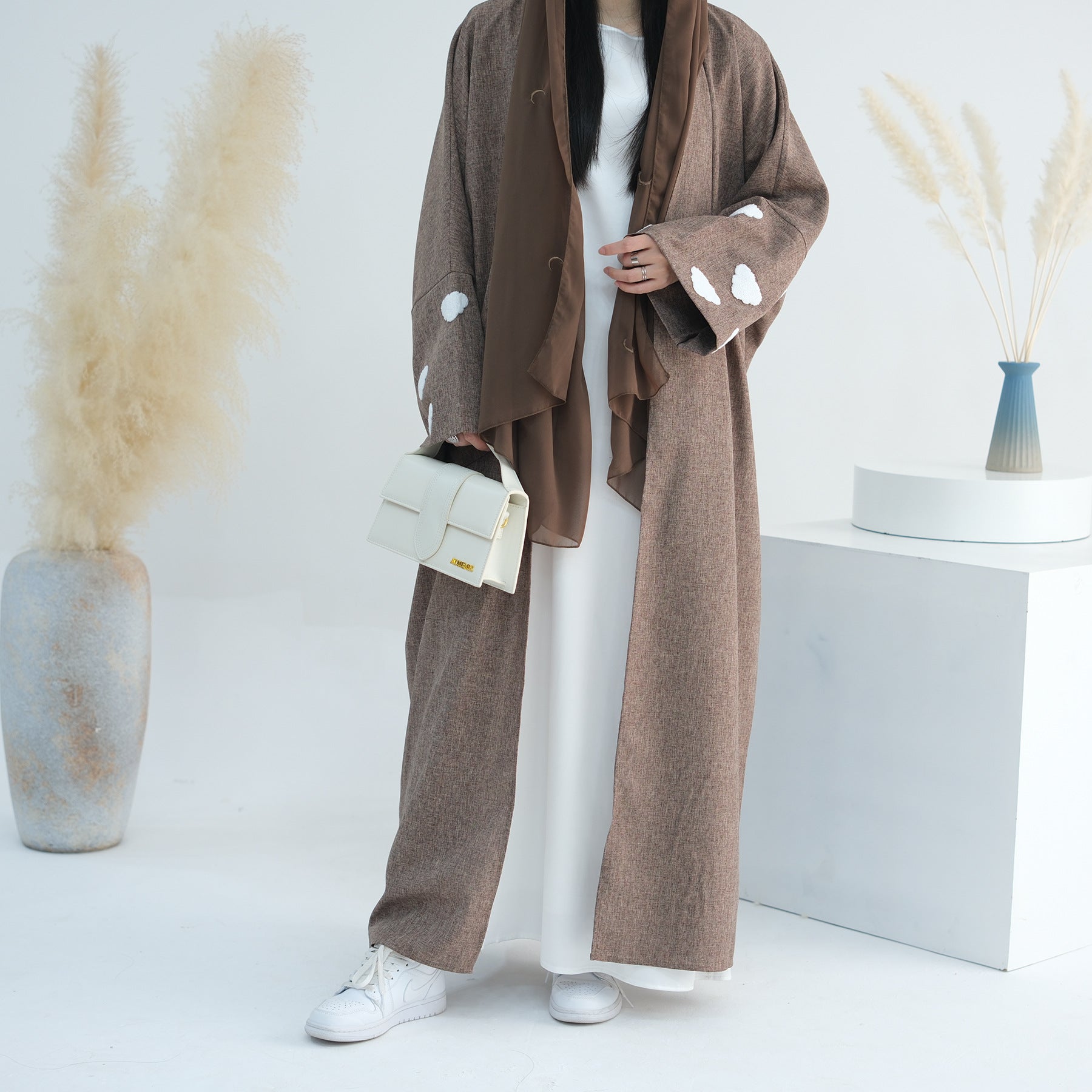 1731#New Arrival Linen Abaya Solid Color with Cloud Plain Abaya  Islamic Clothing Abaya