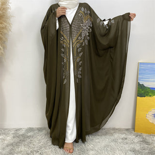 6743#Luxury New Rhinestone Chiffon Abaya Bead With Pearls Batwing Sleeves Classy Cardigan 的副本