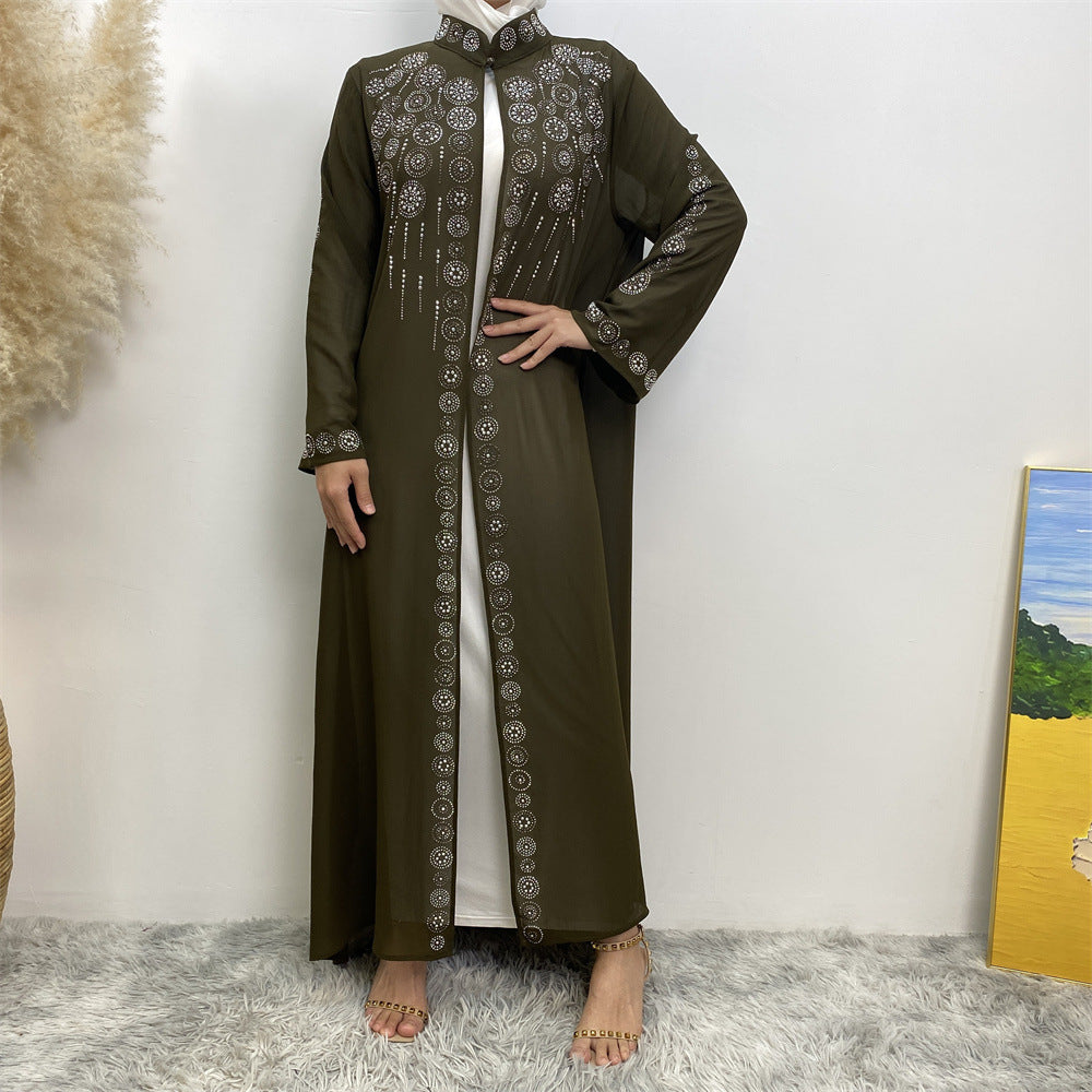 6740# Luxury chiffon africa diamond abaya long robe kaftan muslim women rhinestone open abaya