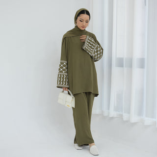 1836#Keffiyeh Inspired Long Sleeve Top and Pants Daily Casual Wear Suit for Muslim Women 2pcs Modest Fashion Abaya Set