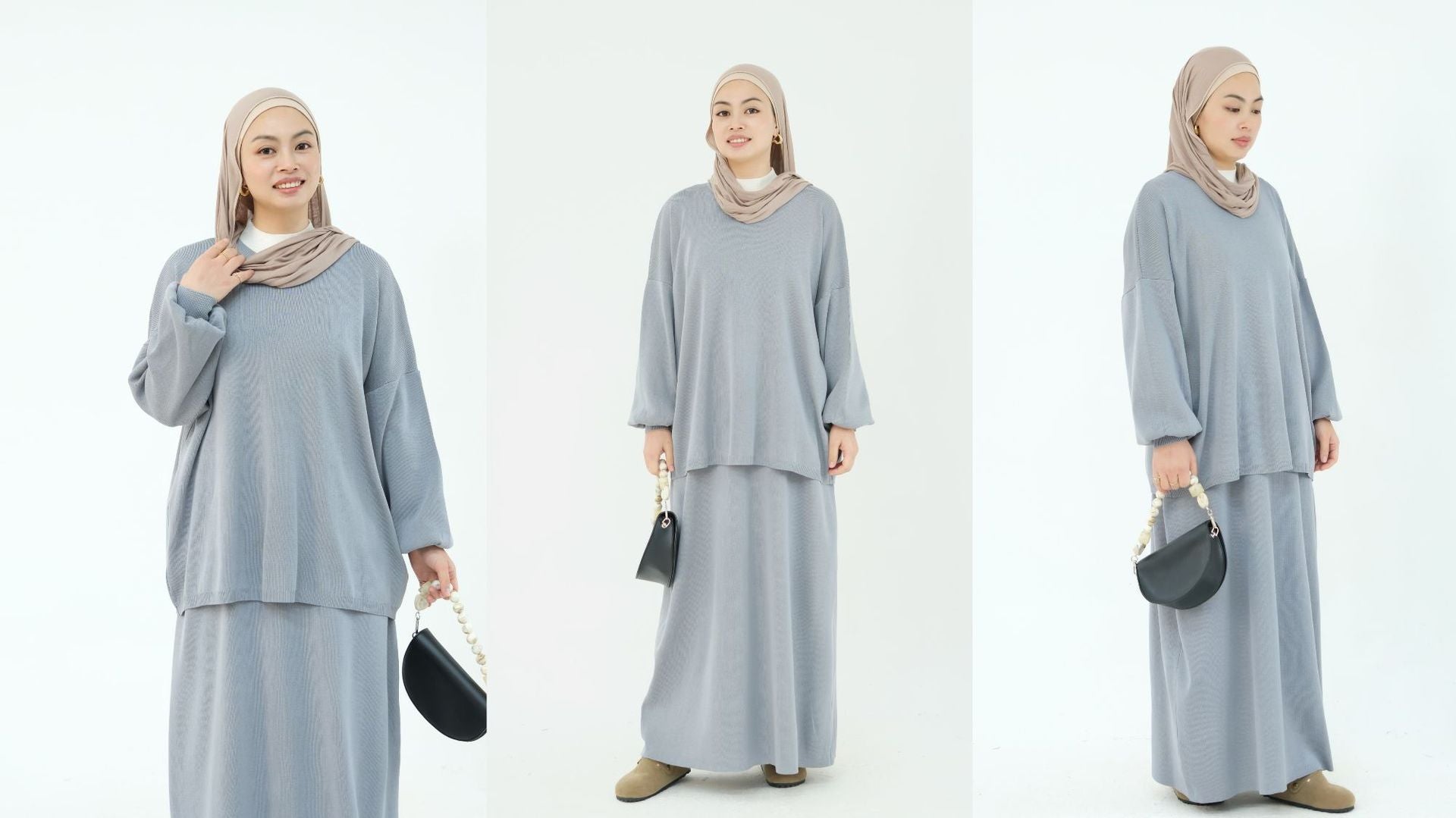 1928#Knit Fabric Solid Color Women's Dress Islamic Clothing Sweater Skirt Set 2pcs Winter Set Abaya