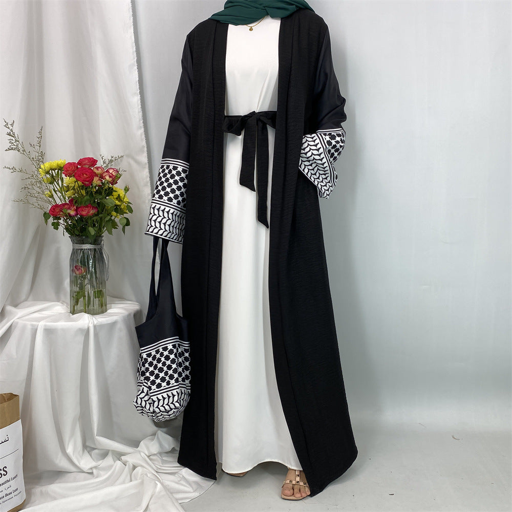 1452#Hot Seller Palestine-Inspired Printed Soft Linen Keffiyeh Open Abaya Wholesale With Crossbody Bag