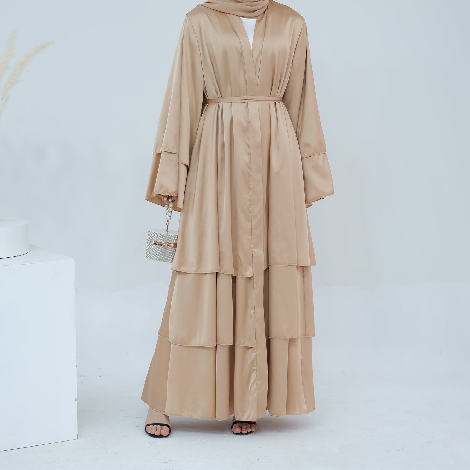 1706#2024 High Quality Satin Silk Open Abaya EID Dubai 3 Layers Abaya Islamic Clothing