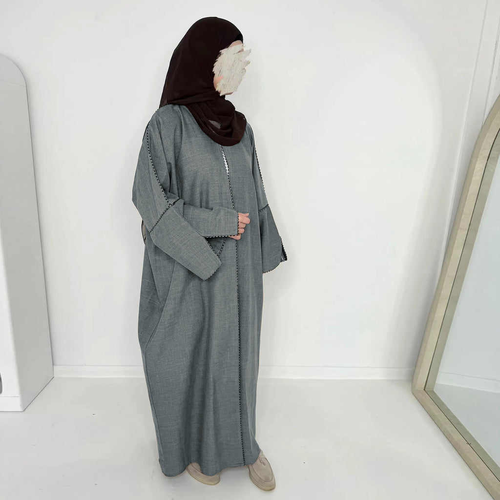 1849# EID Ramadan Modest Dubai Abaya Women Muslim Dress Slit Sleeves Linen Polyester Cardigan Abaya
