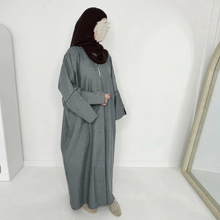 1849# EID Ramadan Modest Dubai Abaya Women Muslim Dress Slit Sleeves Linen Polyester Cardigan Abaya