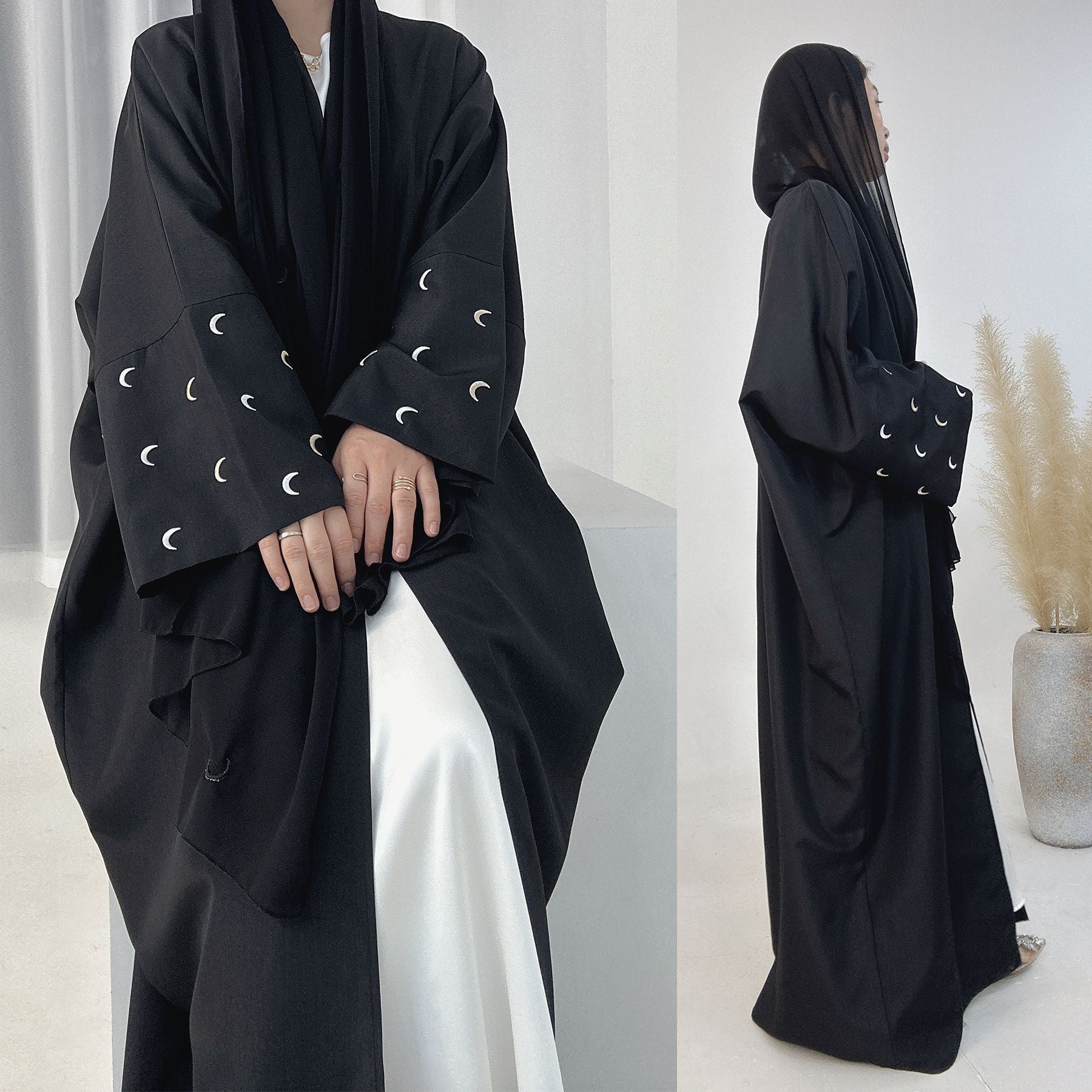 1664#New Arrival EID Linen Islamic Clothing Musulmane Moon Embroidery Women Kimono Cardigan Abaya
