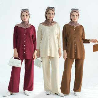 1869#Button Detailed Knit Sweater Pants Set Free Size Modest Two Pieces Women Casual Wear Fall Abaya Suit