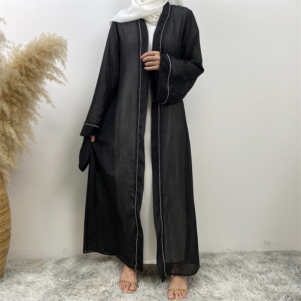 1425#New Material Transparent Silk Polyester Luxury Diamond Border With Pockets Women Open Abaya