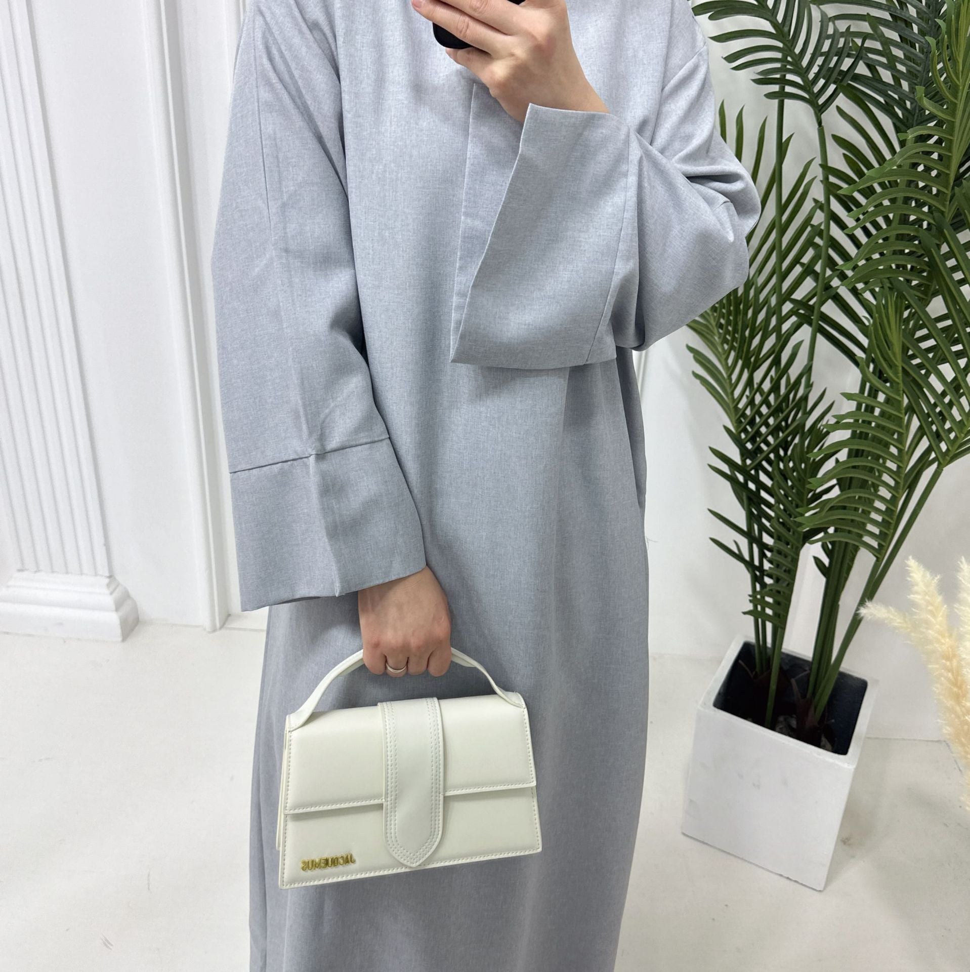 1715#Linen Abaya Slit Long Sleeves with Side Pockets and Back Zipper Women Casual Dress 的副本