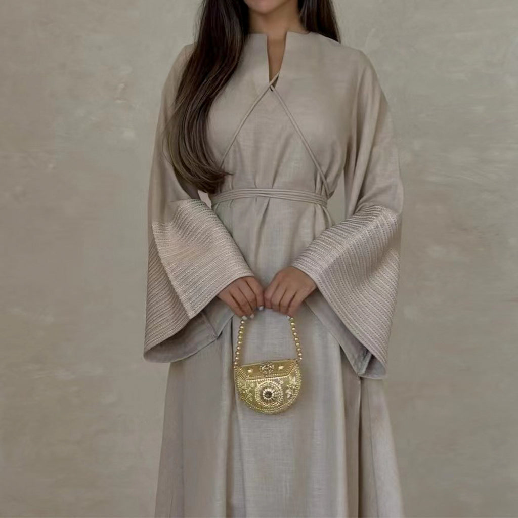 Daily Wear Linen Modest Dresses V Neck Embroidery Sleeves Abaya Women Muslim Dress