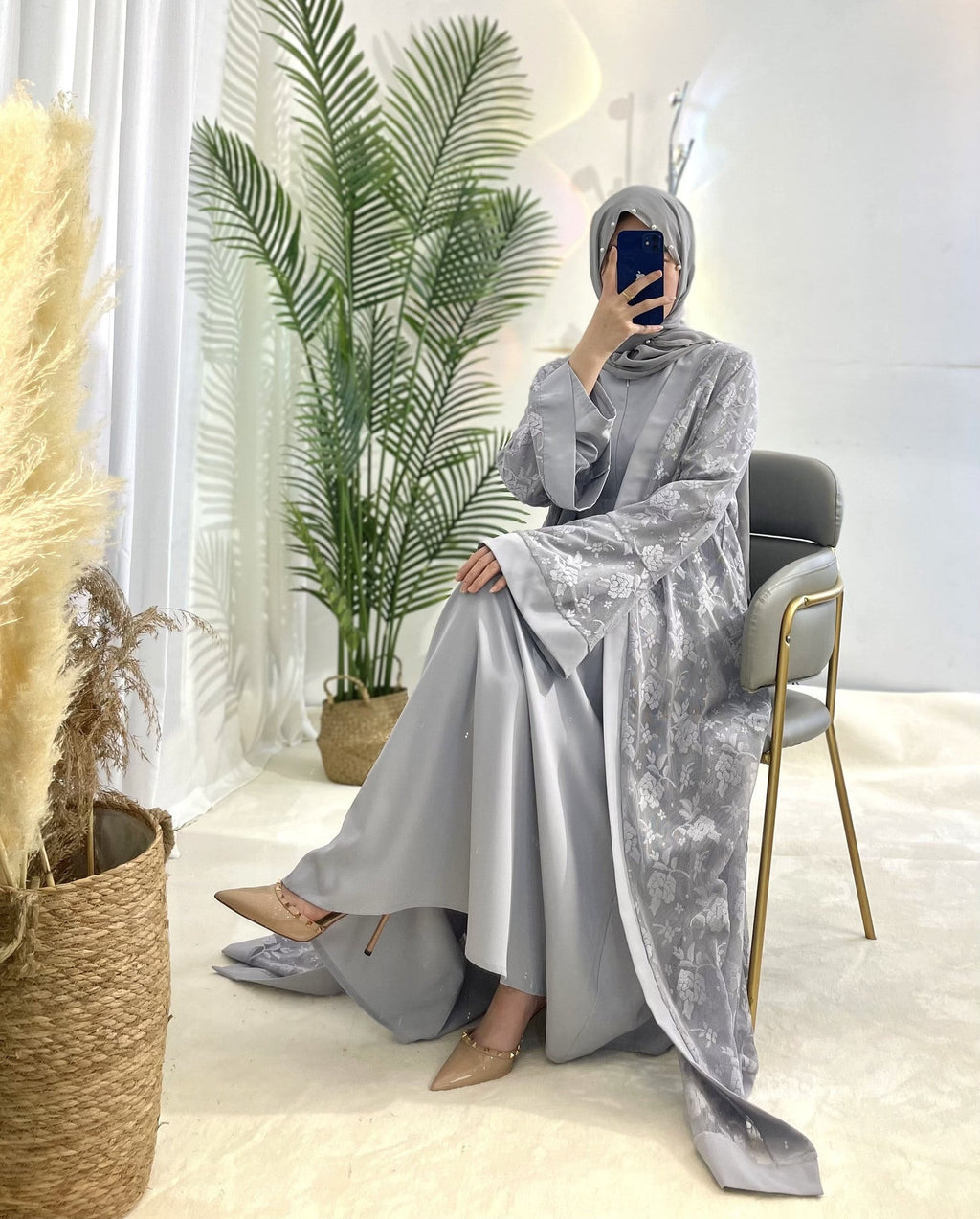 1001#Islamic Clothing 2PCS Abaya Set Inner Slip and Open Abaya Cardigan
