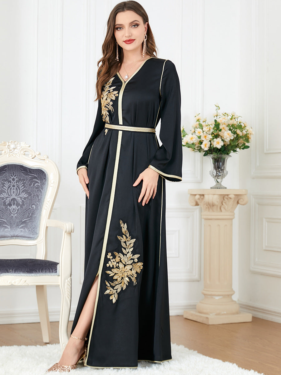 3277#Ribbon Jalabiya Moroccan Kaftan Arabic Muslim Black Dress