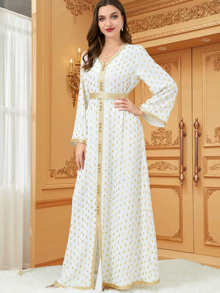 3194#White Dot Gold Stamp Dubai Arabic Moroccan Kaftan Maxi Muslim Dress