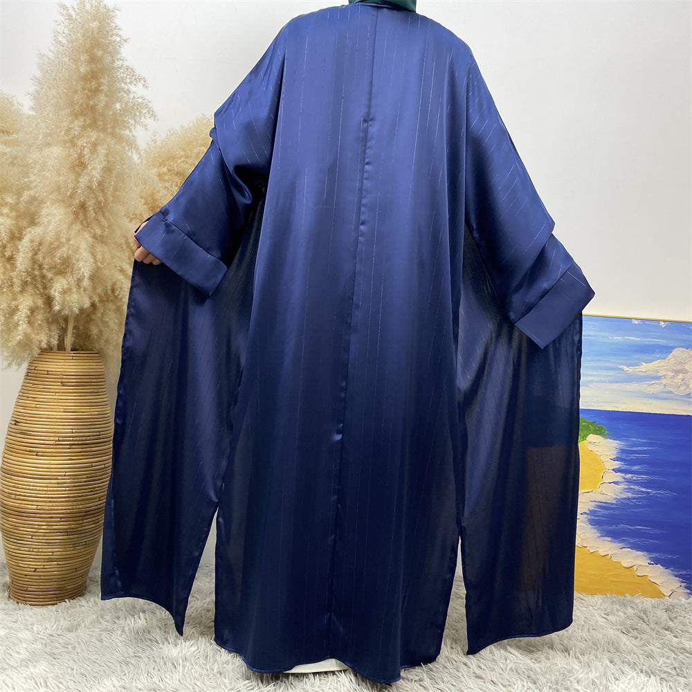 1439#Women Abaya Smooth Satin Kimono Slit Sleeve Popular Islamic Clothing Modest Silver Line Printed Abayas