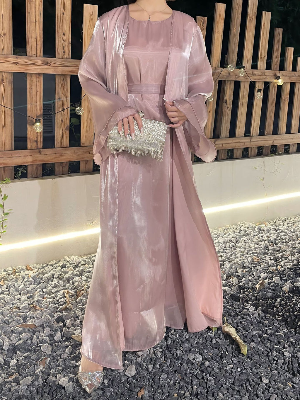 1023#2pcs Shiny Abaya Women Muslim Dress Set  Ramadan Islamic Clothing Kaftan