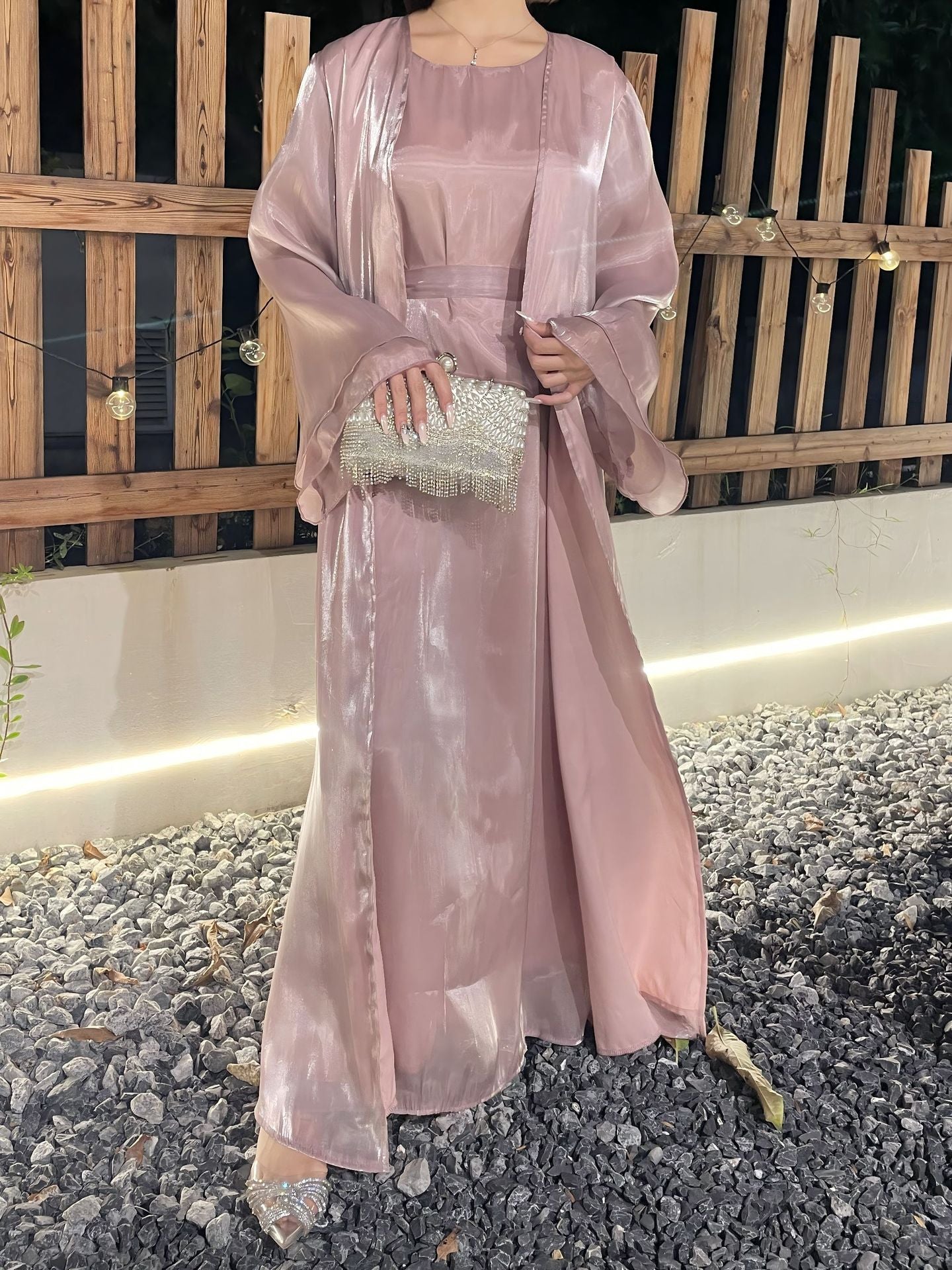 1023#2pcs Shiny Abaya Women Muslim Dress Set  Ramadan Islamic Clothing Kaftan
