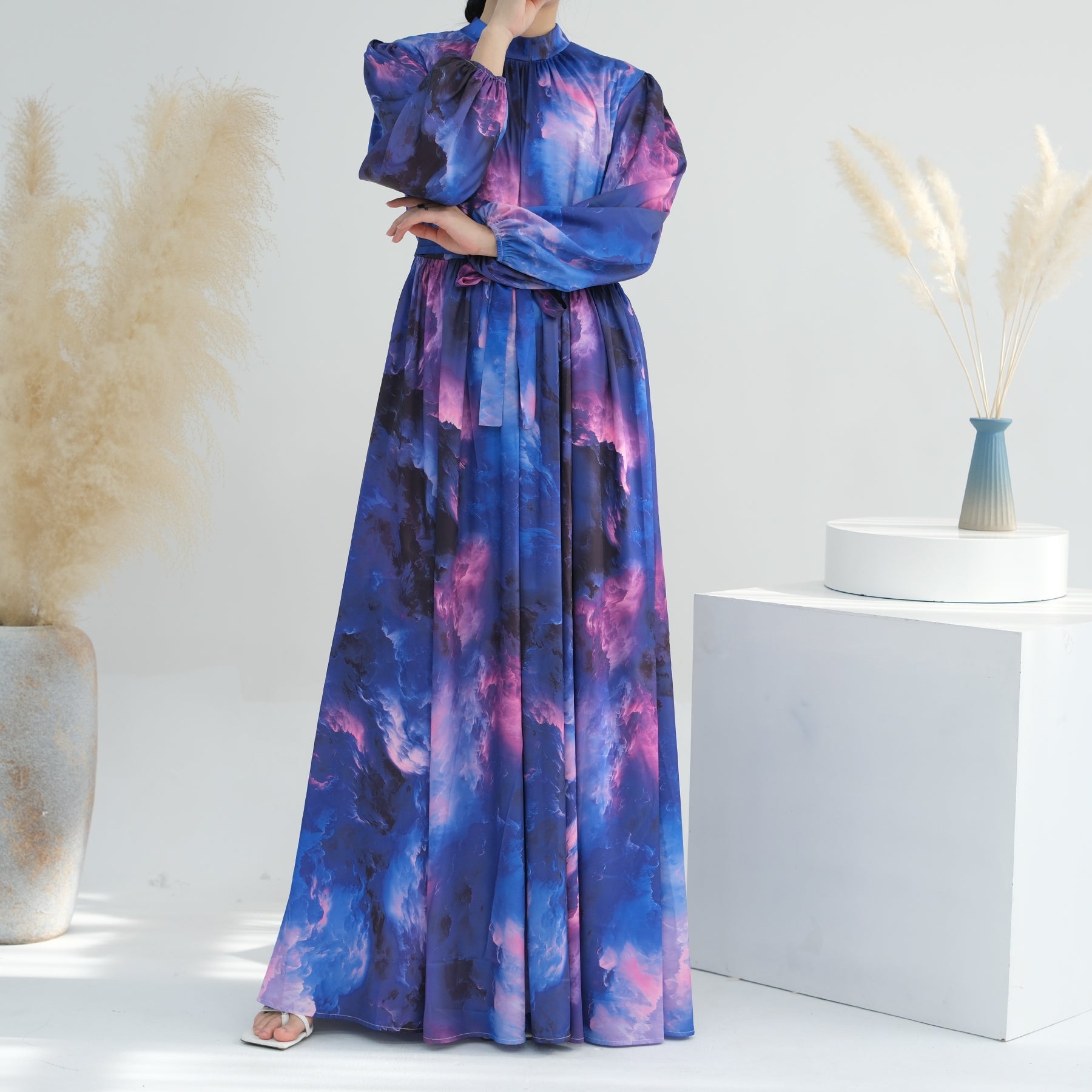 1723#New Style Printed Dress Muslim Ladies Abaya Summer Polyester Floral Dress
