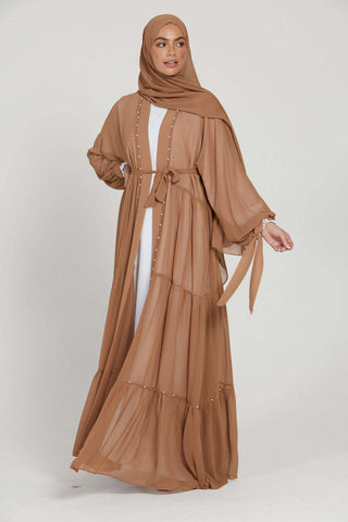 1964#Chiffon open abaya with white pearls tie belt long sleeves dubai abayas 5 colors