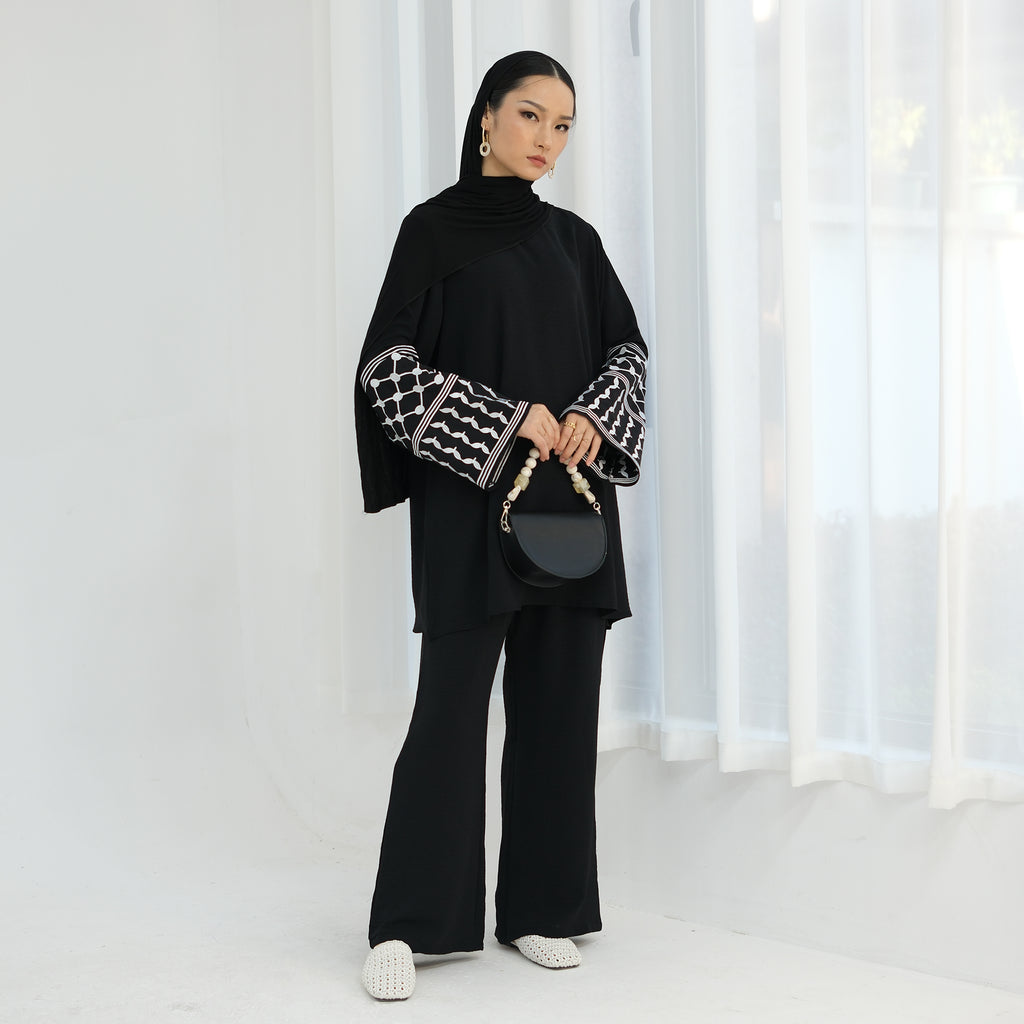 1836#Keffiyeh Inspired Long Sleeve Top and Pants Daily Casual Wear Suit for Muslim Women 2pcs Modest Fashion Abaya Set