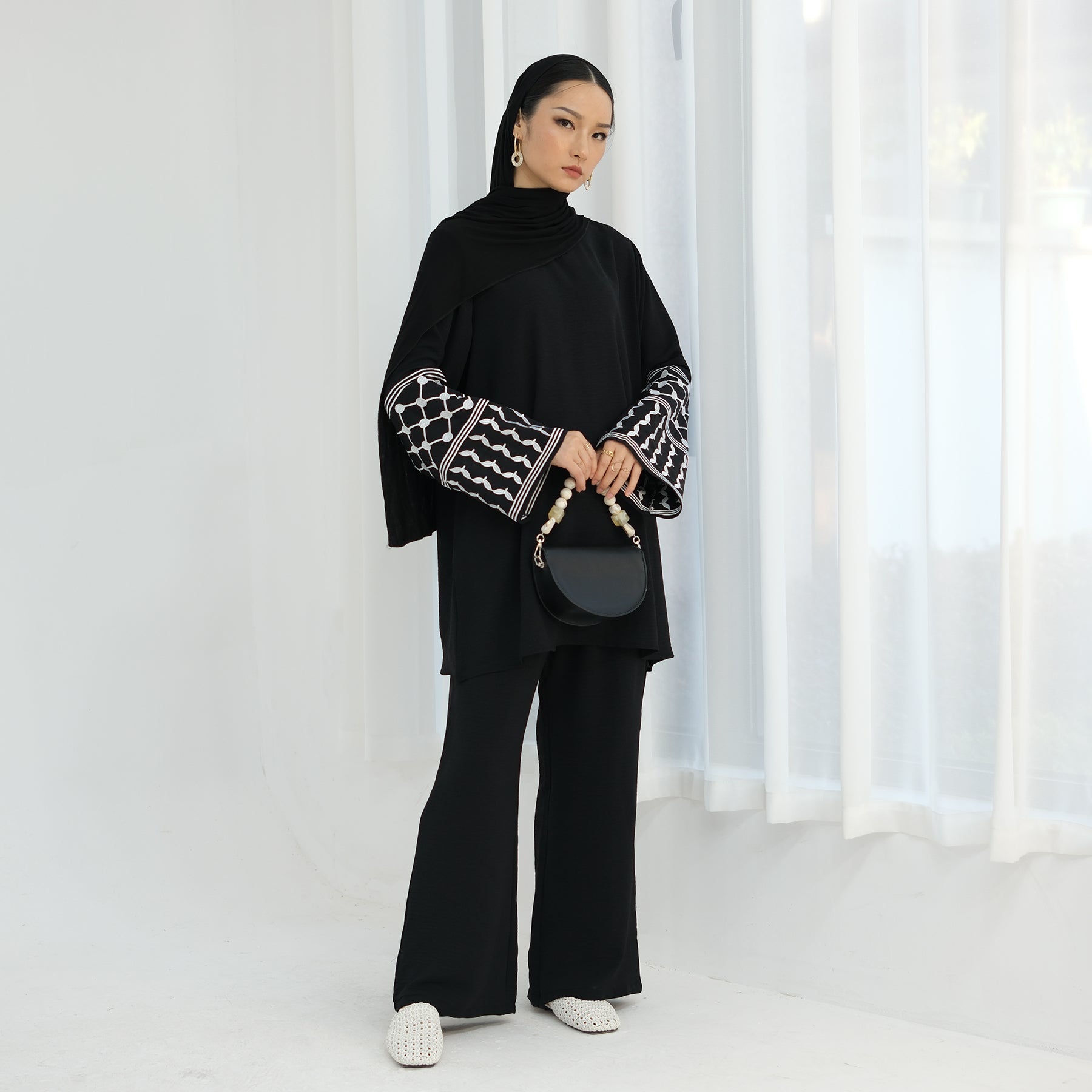 1836#Keffiyeh Inspired Long Sleeve Top and Pants Daily Casual Wear Suit for Muslim Women 2pcs Modest Fashion Abaya Set