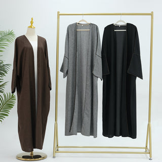 1849# EID Ramadan Modest Dubai Abaya Women Muslim Dress Slit Sleeves Linen Polyester Cardigan Abaya