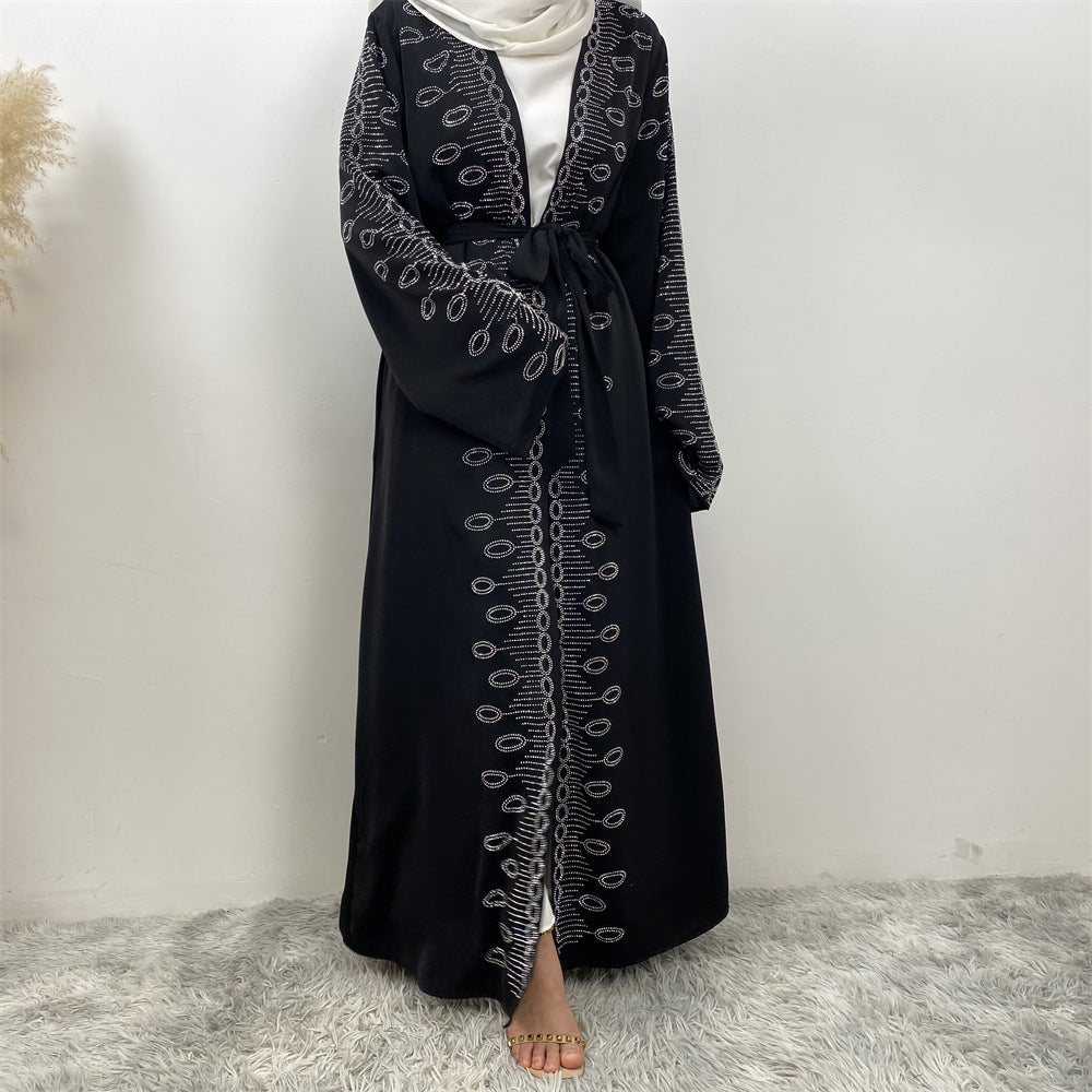 1424#Modest Coats for Muslim Women Nida Open Abaya With Sequins Black Long Coat With Side Pockets