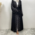 1424#Modest Coats for Muslim Women Nida Open Abaya With Sequins Black Long Coat With Side Pockets