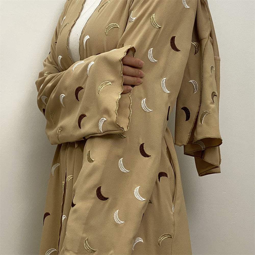 2002# Ramadan New Crepe Abaya Set Gold Border Pretty Moon Embroidery With Pockets