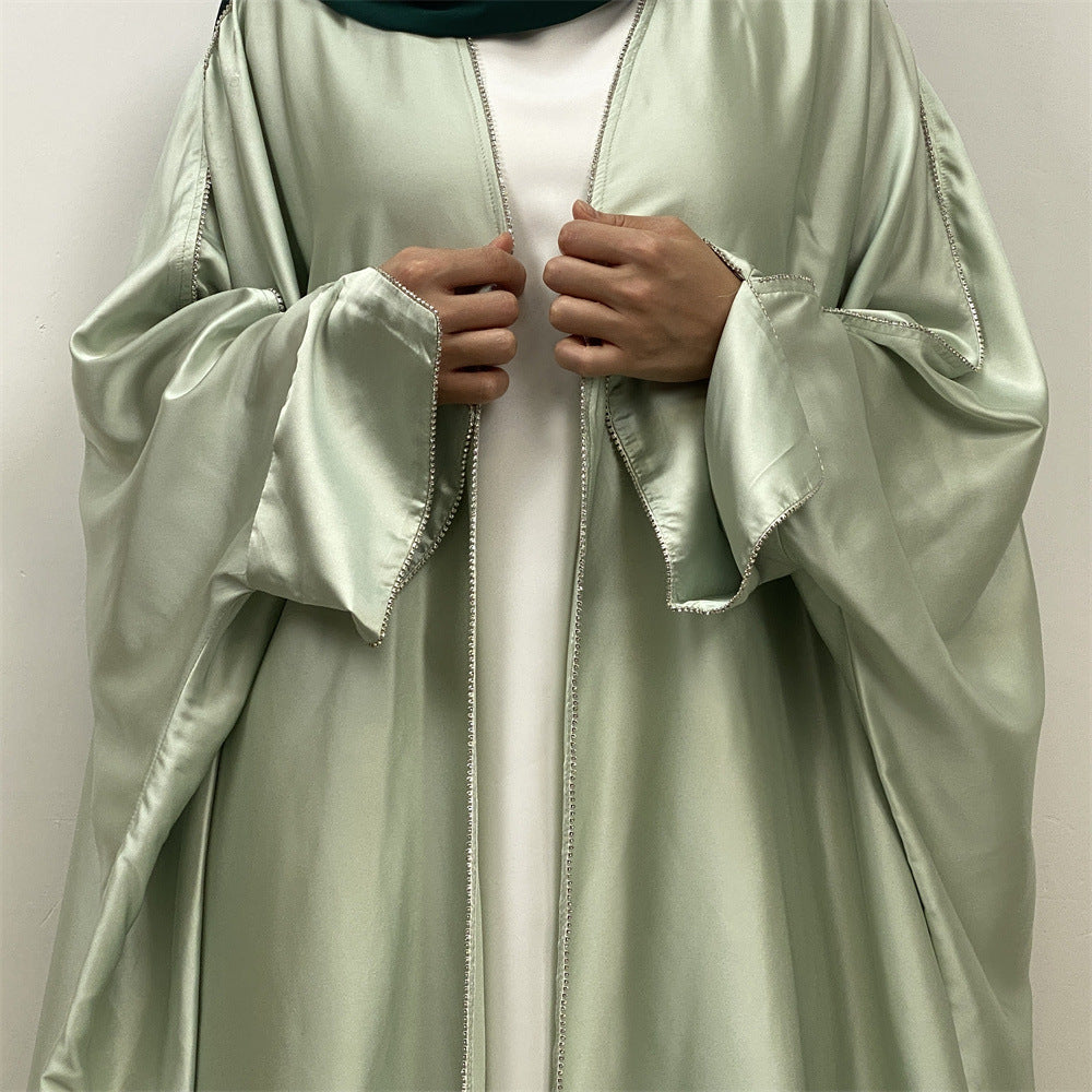 1427#New Arrival Muslim Women Silver Diamond Cardigan Islamic Clothing Light Shiny Satin Silk Abaya With Split Cuff