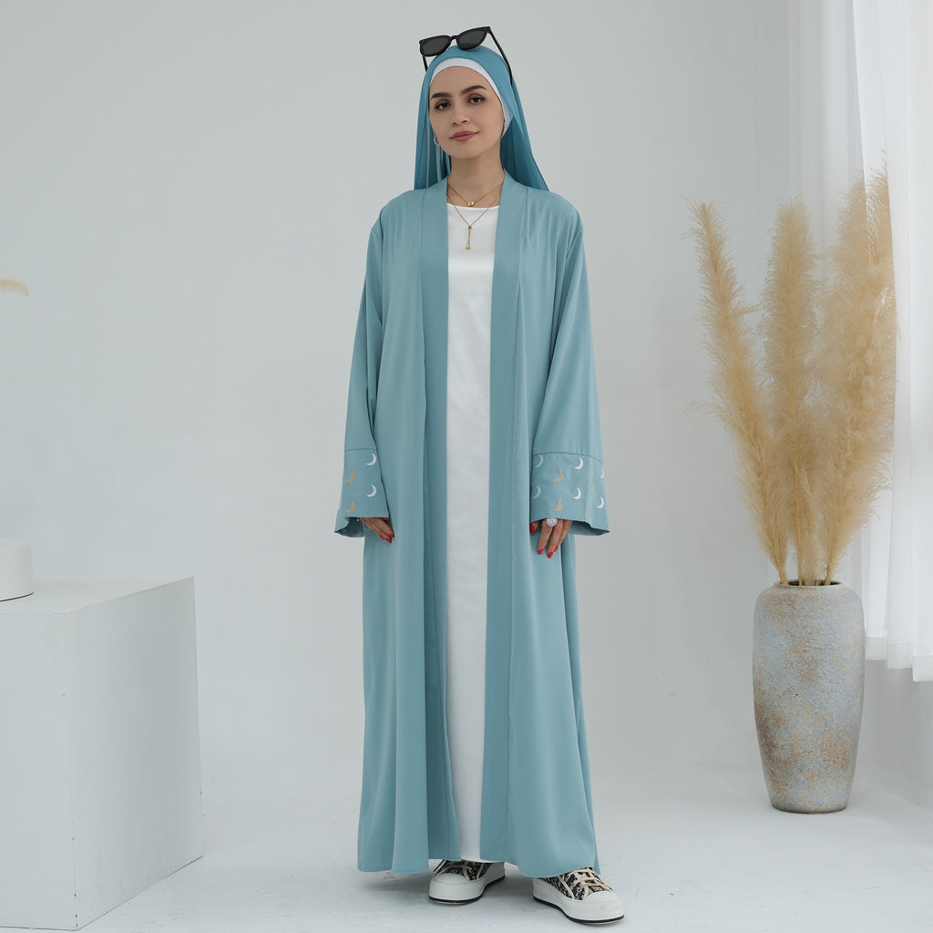 1785#New Arrival Cardigan Muslim Women's Dresses Moon Embroidery EID Linen Abaya