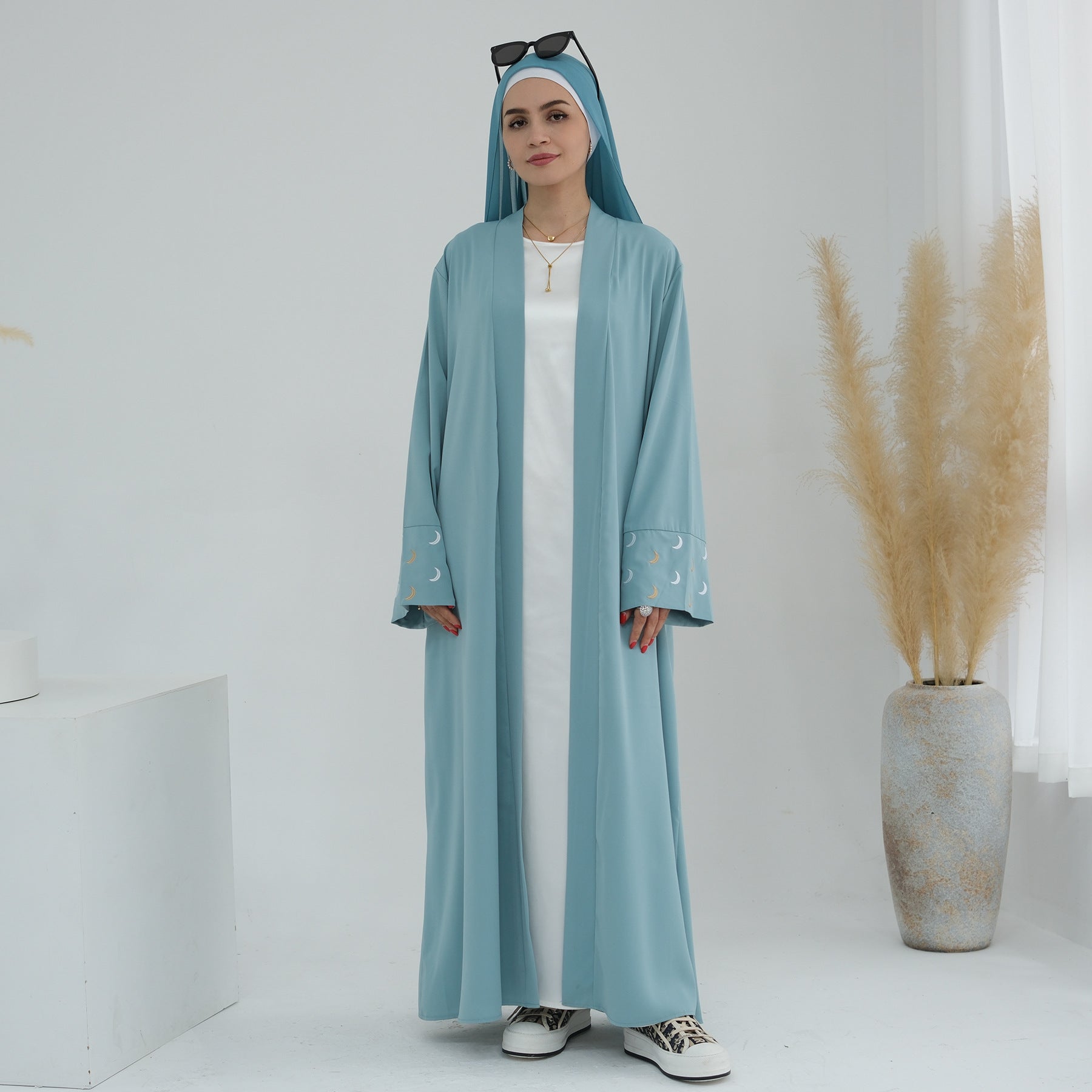 1785#New Arrival Cardigan Muslim Women's Dresses Moon Embroidery EID Linen Abaya