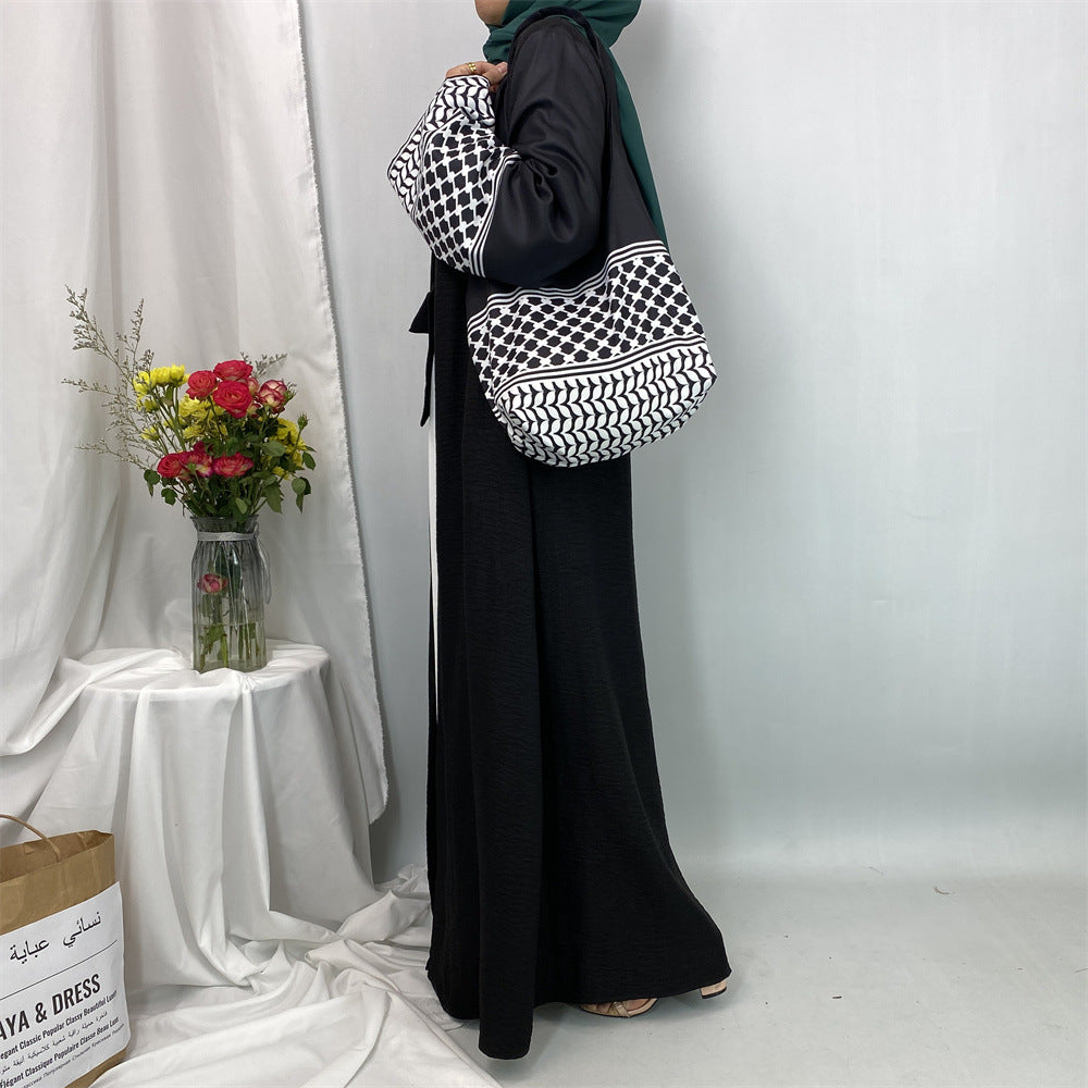 1452#Hot Seller Palestine-Inspired Printed Soft Linen Keffiyeh Open Abaya Wholesale With Crossbody Bag