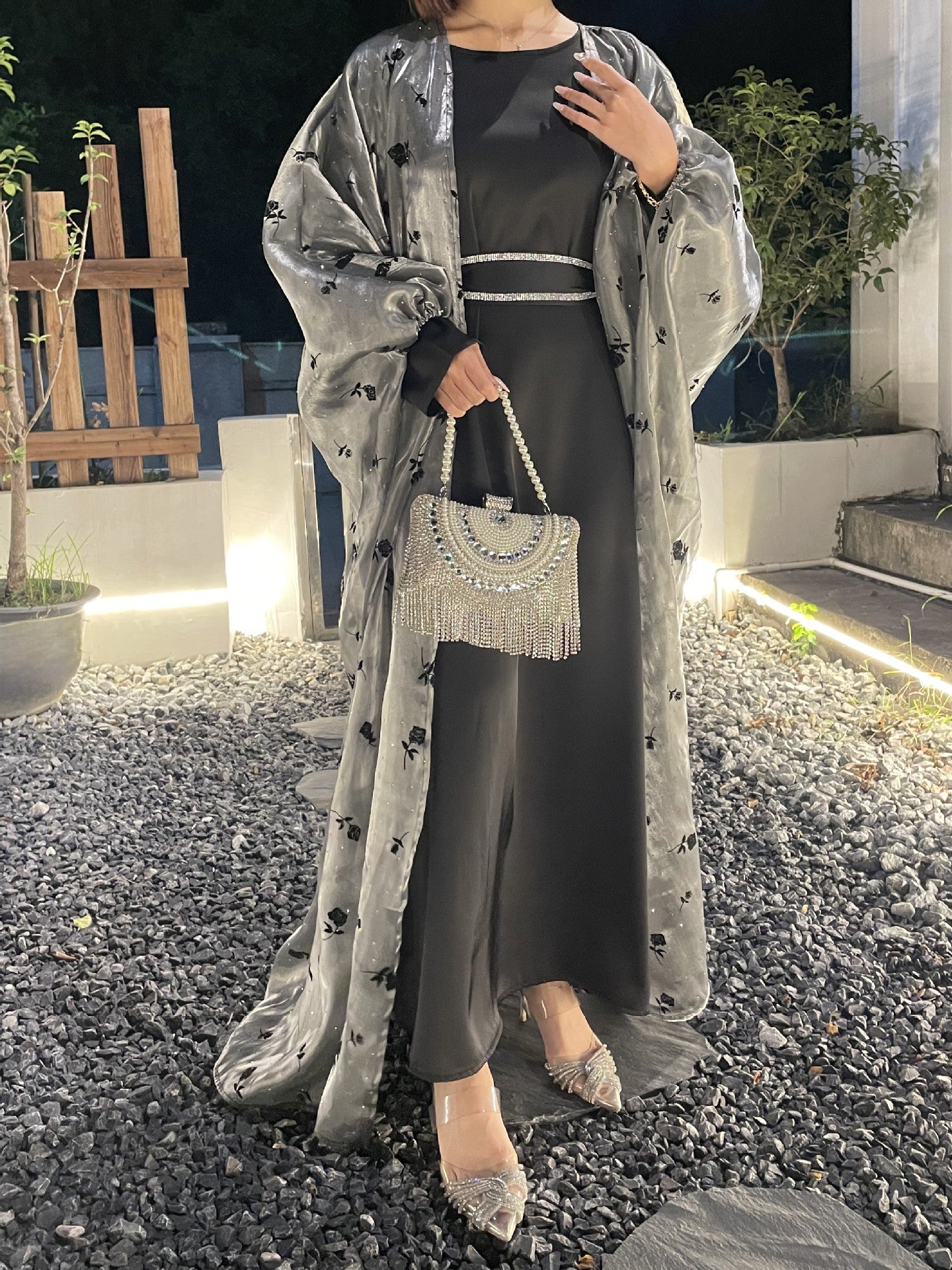 1038# High Quality Luxury Abaya Dubai Premium Satin Kimono 2 Piece Abaya Set