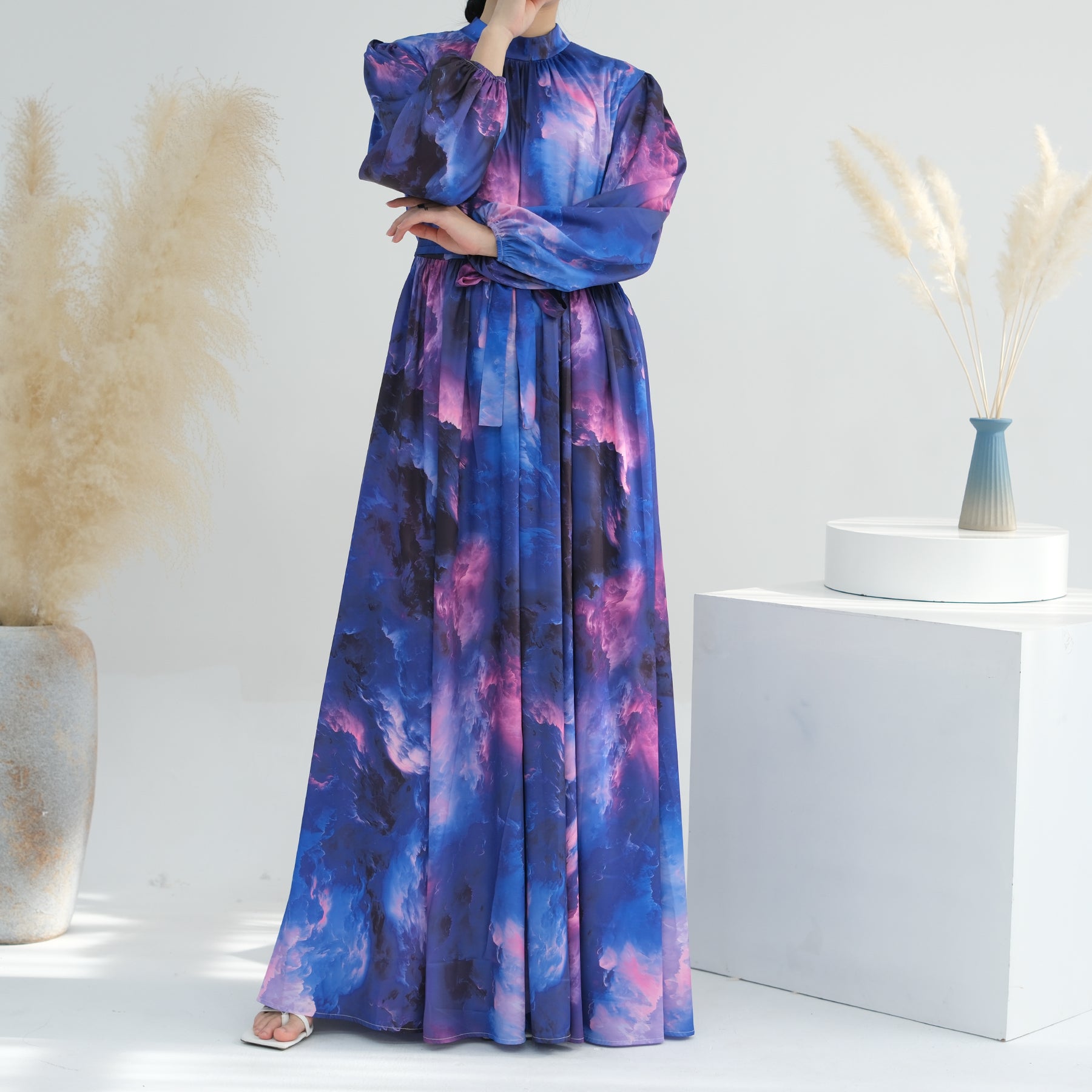 1723#New Style Printed Dress Muslim Ladies Abaya Summer Polyester Floral Dress