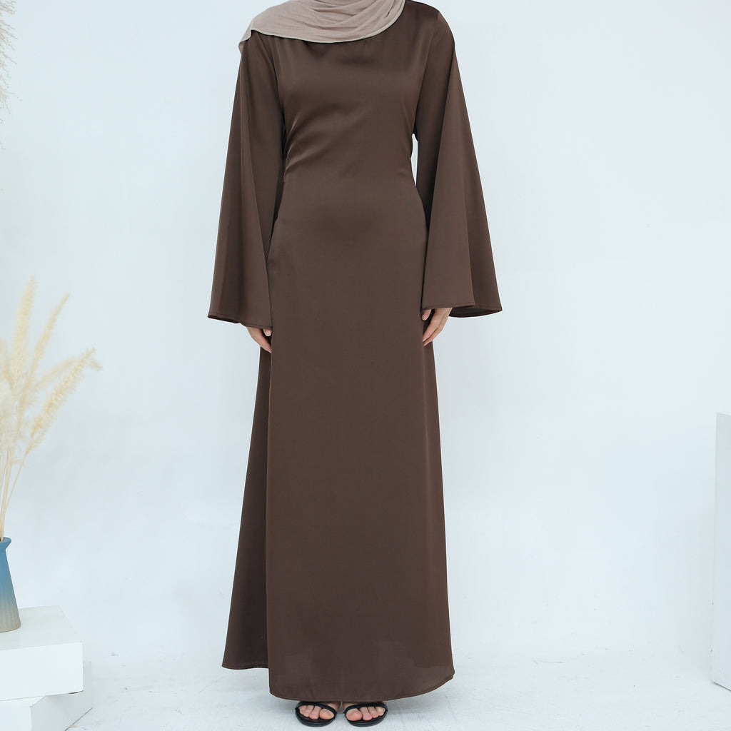 1860# Plain Silk Abaya Muslim Women Dress Islamic Clothing Modest Dresses with Adjustable Belt